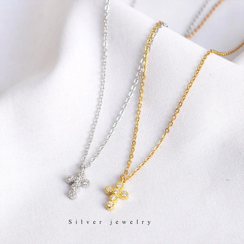 Simple Trendy S925 Sterling Silver Mini Cross Necklace 1