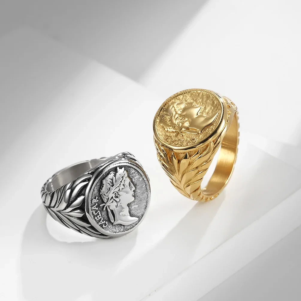 Trendy Roman Empire Caesar The Great Stainless Steel Ring Retro Coin Caesar Head Ring Man 1