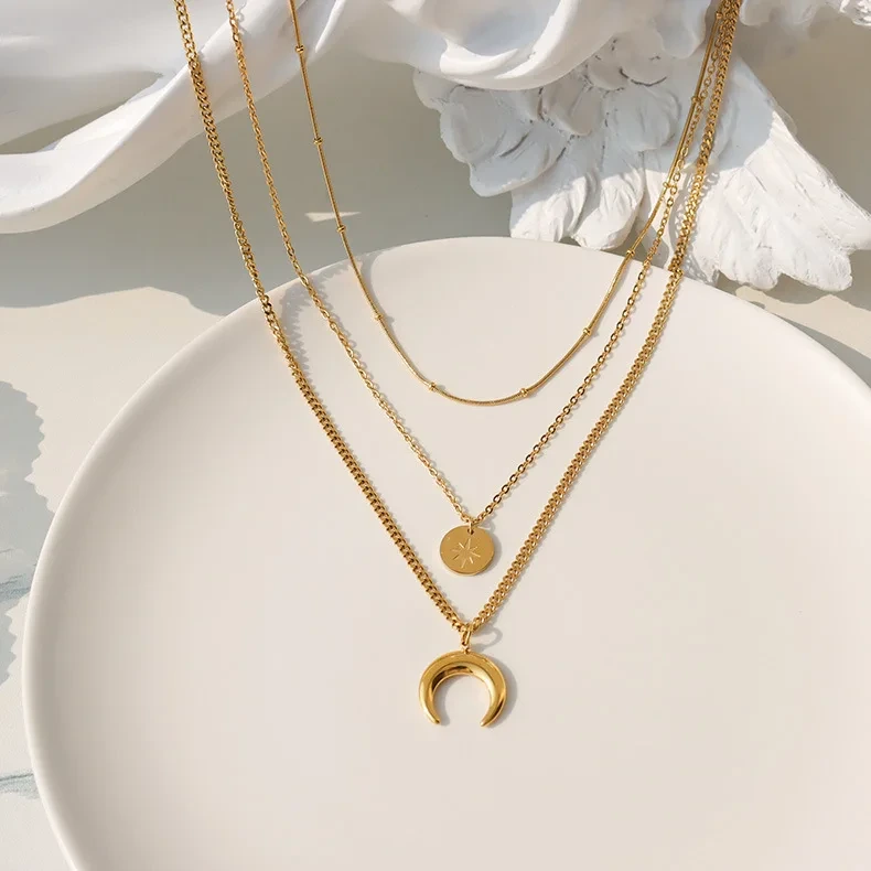 Ins Niche Star Moon Sun Multi-layer Chain Necklace Titanium Steel Plated 18k Gold Pendant Jewelry Necklace 1