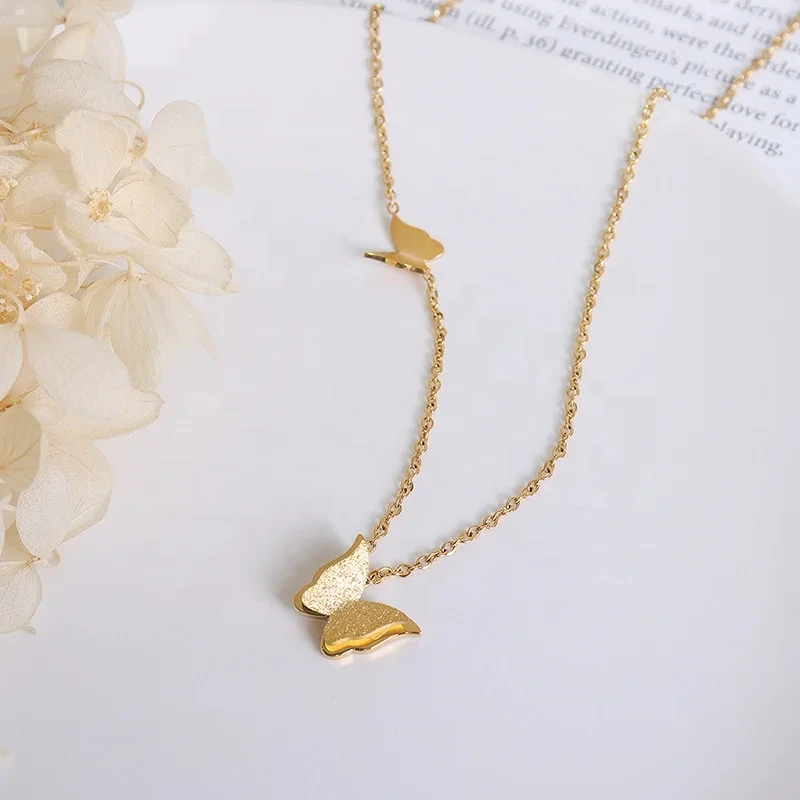Fashion Frosted Butterfly Necklace Chain Chocker Titanium Steel 18k Gold Jewelry 1