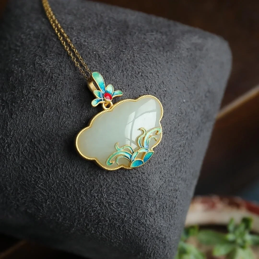 Chinese Style Old Beijing Blue Burning Sterling Silver Plated Green Jade Necklaces Jewelry Pendant 18k Gold 1