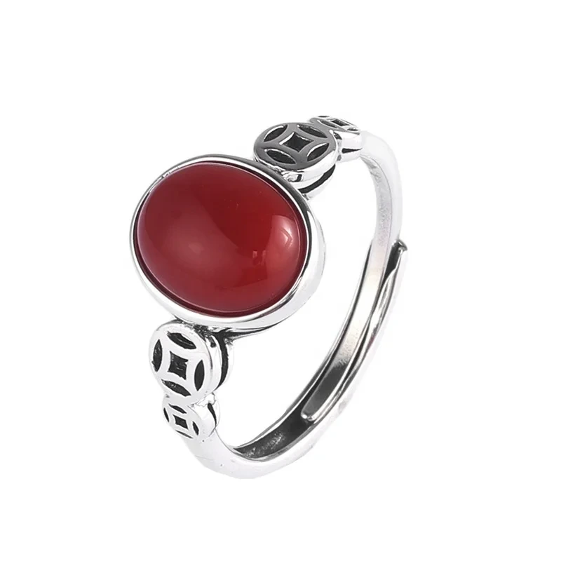 Vintage 925 Silver Red Agate Jade Turquoise Coin New Design Adjustable Large Gemstones Index Finger Rings For Girls 1