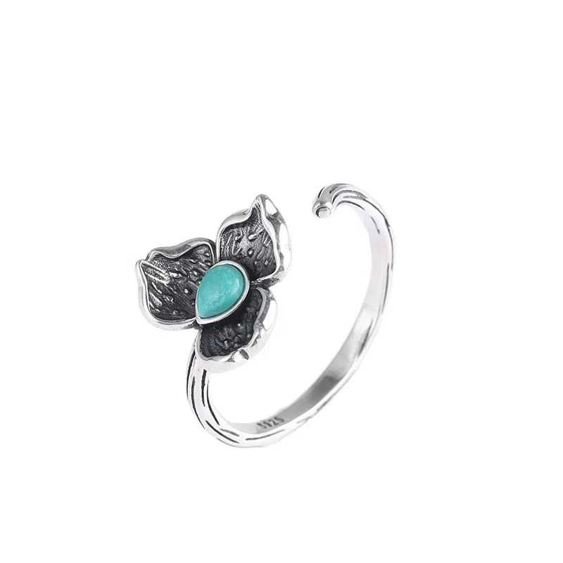 Retro Water Drop Turquoise Ladies S925 Silver Fashion Jewelry Luxury Engraved Lotus Flower Open Ring 1