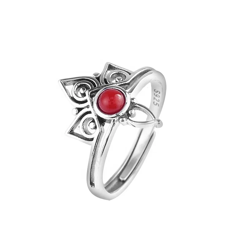 Retro Vintage Jewelry S925 Sterling Silver Red Agate Stone Turquoise Princess Crown Rings For Women 1