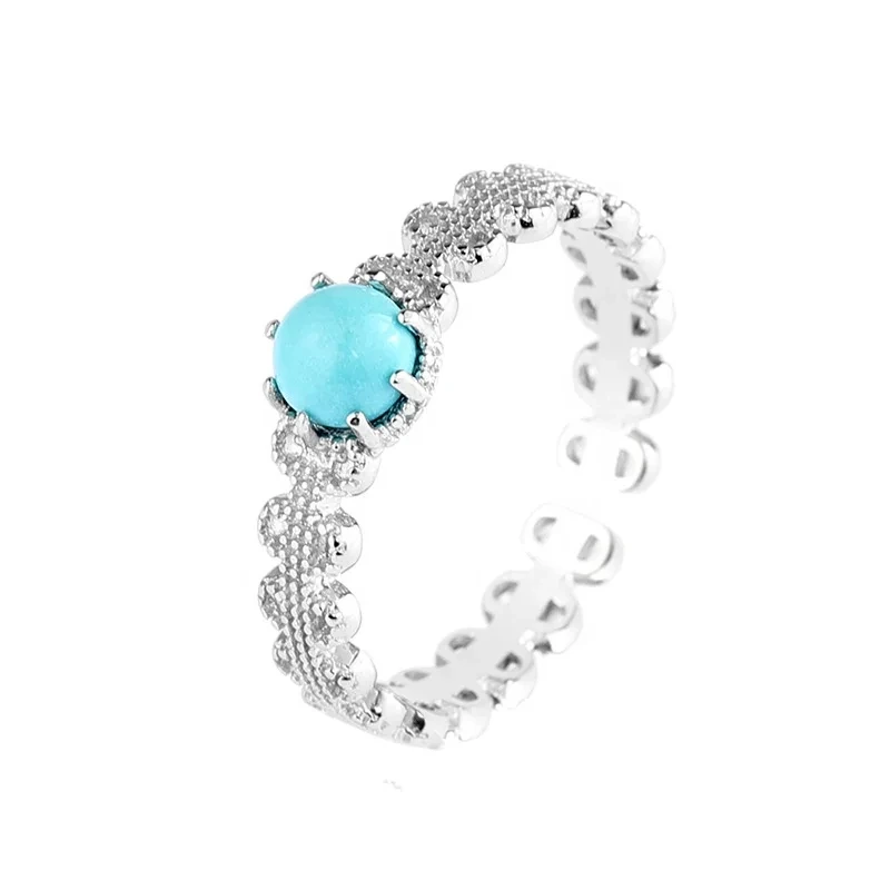 Women's Wave Silver Rings 925 Natural Stones Blue Stone Diamond Simple Turquoise Adjustable Ring For Girls 1