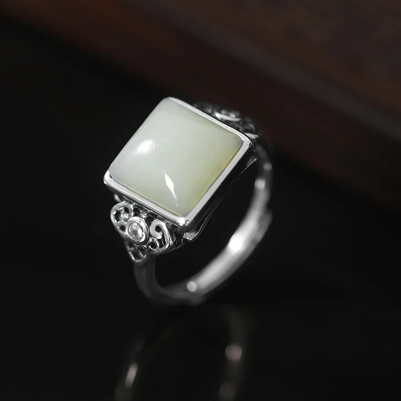 Retro S925 Sterling Silver Ring Xiangyun Inlaid Hetian Jade Women Jewelry Square Ring 1