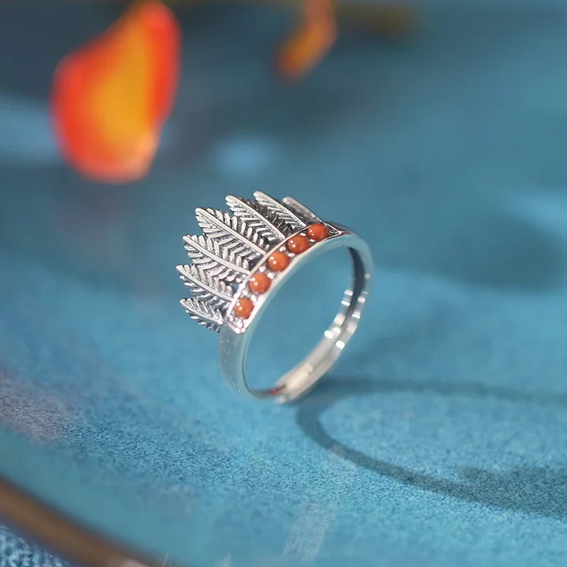 Vintage Creative Chieftain Hat S925 Silver Ring Fashion Agate Silver Ring Feather Women Jewelry 1