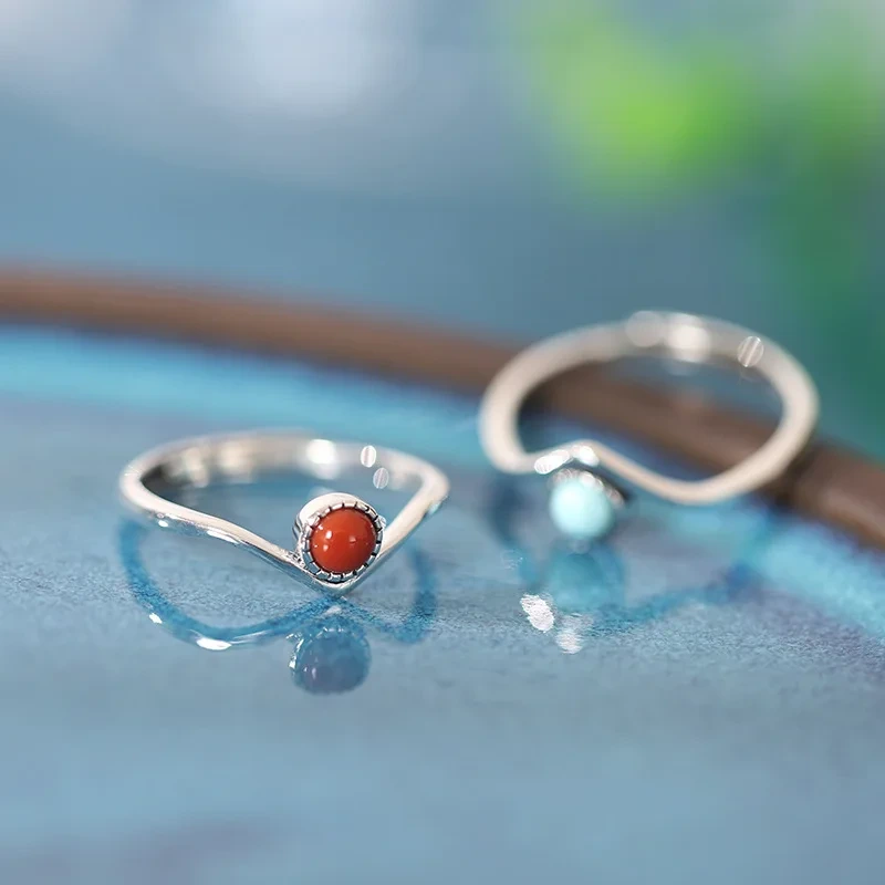 Korean V-shaped Ring 925 Silver Female Cold Turquoise Ring Niche Wholesale Gift Women Jewelry 1