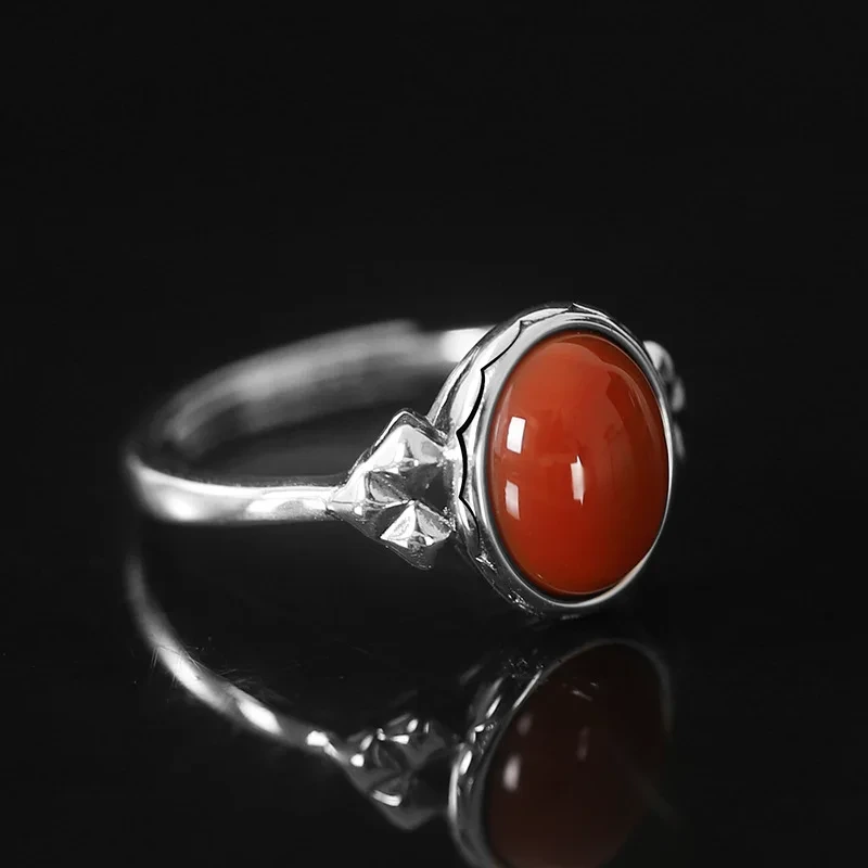 Fashion S925 Silver Craft Ring Hetian Jade And Red Agate Vintage Geometric Diamond-edged Silver Ring Women Jewelry 1