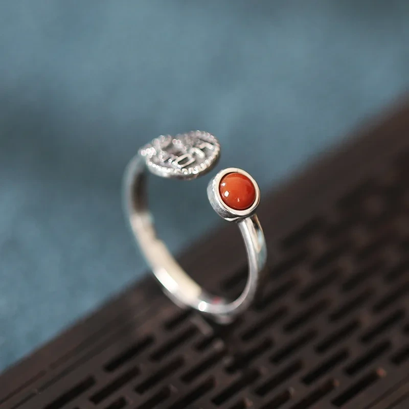 Fashion S925 Sterling Silver Auspicious Ring Jewelry Simple Gemstone Opening Ring Women Jewelry 1