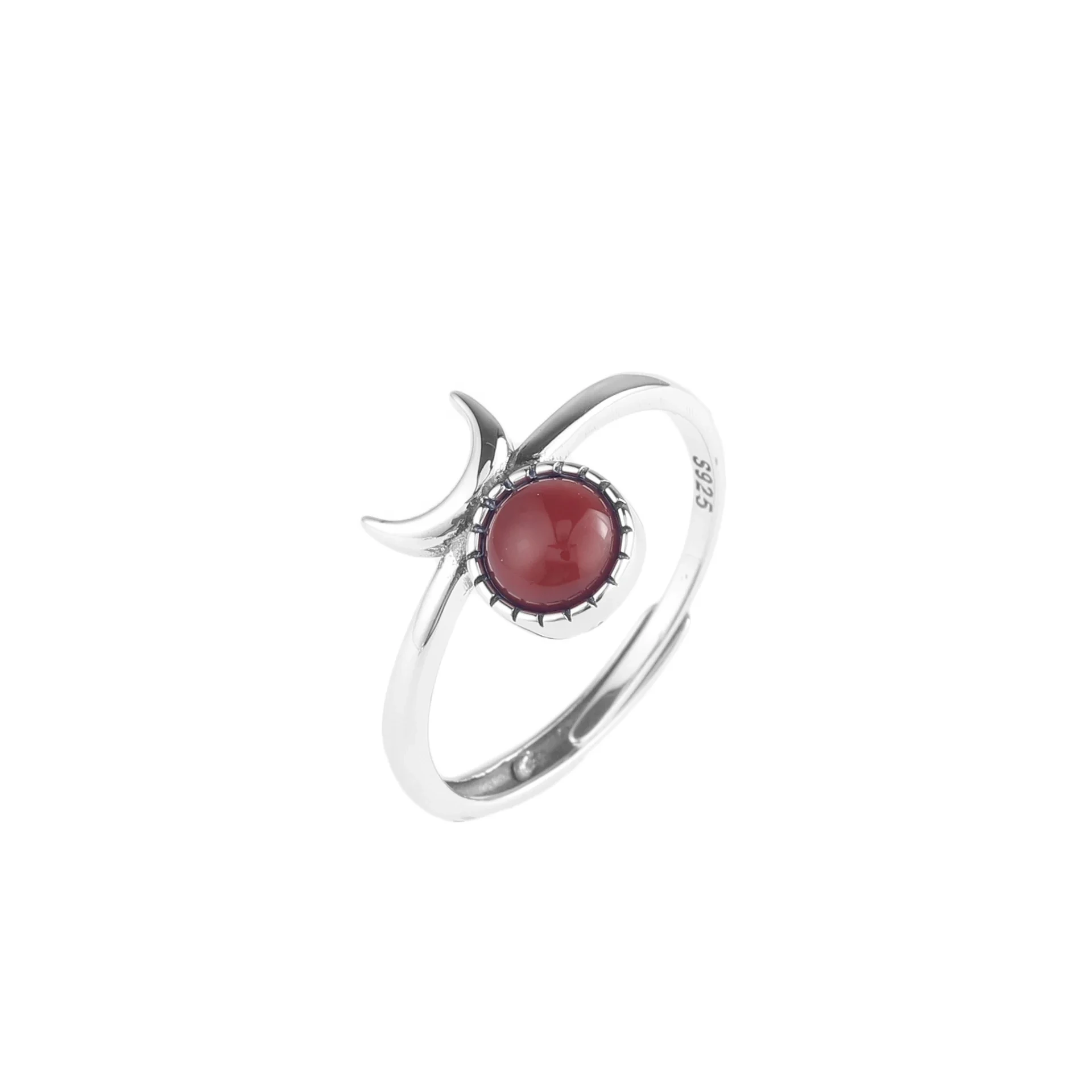 Fashion Horn Ring 925 Silver Crescent Red Agate Ring 925 Retro Turquoise Opening Thai Silver Ring For Woman 1