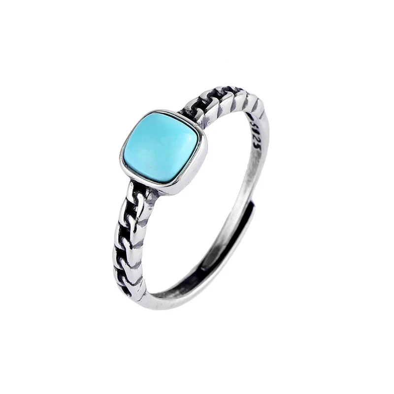 Vintage Turquoise Women's S925 Silver Opening Square Ring Retro Wave Chain Ring 1