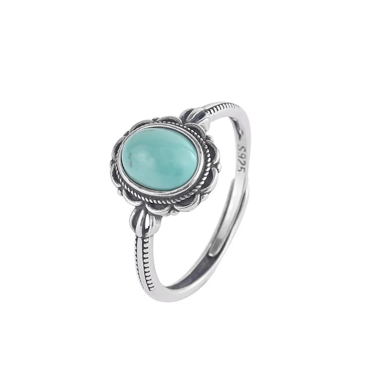 Retro Turquoise Women's Jewelry Handmade S925 Silver Opening Ring Retro Fashion Simple Ring 1