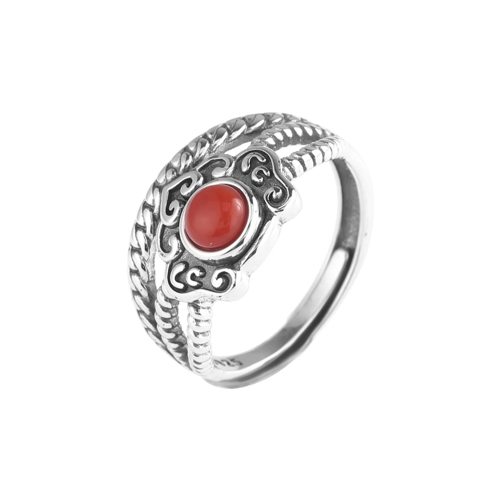 Vintage Antique Design 925 S925 Sterling Silver Gold Plated Red Gemstone Stone Adjustable Ring For Women 1