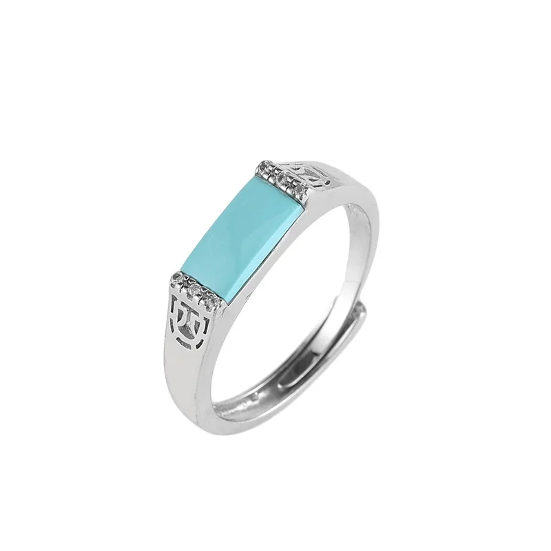 Vintage Turquoise S925 Silver Engagement Diamond Women's Jewelry Geometric Rectangle Shape Ring 1