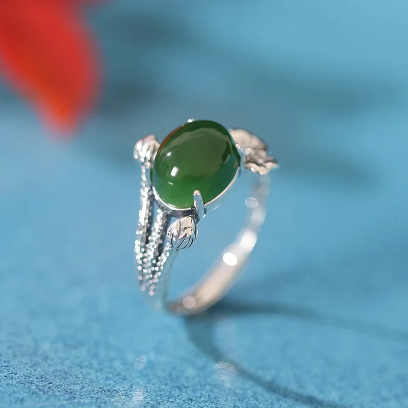 Retro Silver Lotus Leaf 925 Sterling Silver Jewelry Gem Woman Ring Vintage Cabochon Larimar Ring For Women 1
