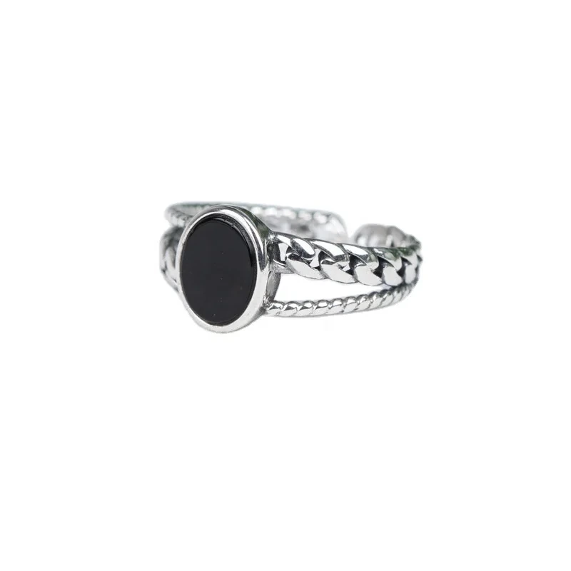 Vintage Wave Thumb Silver Rings Retro Wild Black Agate Open Woman 925 Sterling Rings Jewelry 1