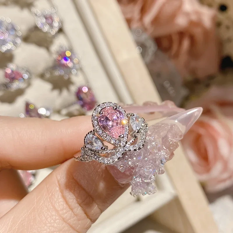 Coleção de anéis de pedras preciosas rosa princesa com diamantes brilhantes banhados a ouro conjunto de anéis de brilho aberto para meninas 1