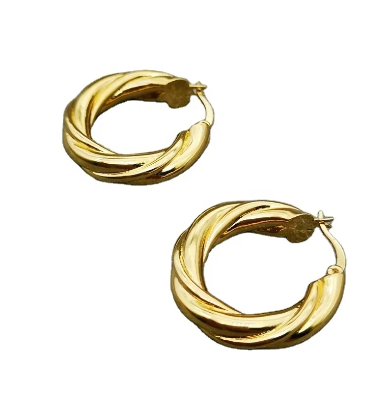 Jewelry Wholesale 18k Gold Vacuum Plating Three-dimensional Brass Twist Hoop Earrings 1