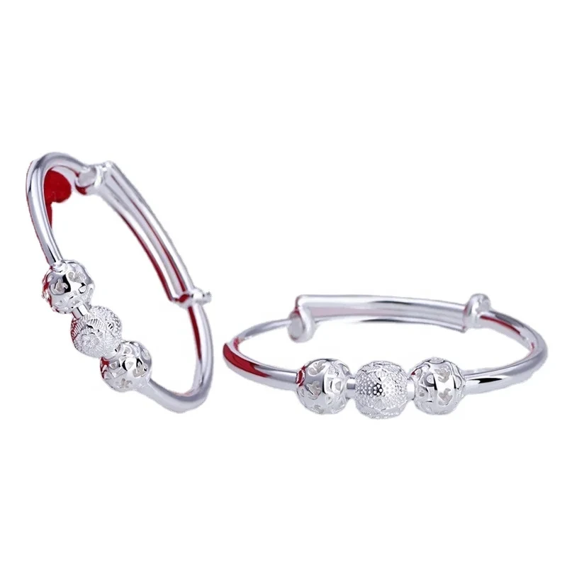 Fashion Kids Jewelry 2pcs Set S990 Sterling Silver Beads Bracelet Newborn Baby Gift Bracelets Bangles 1