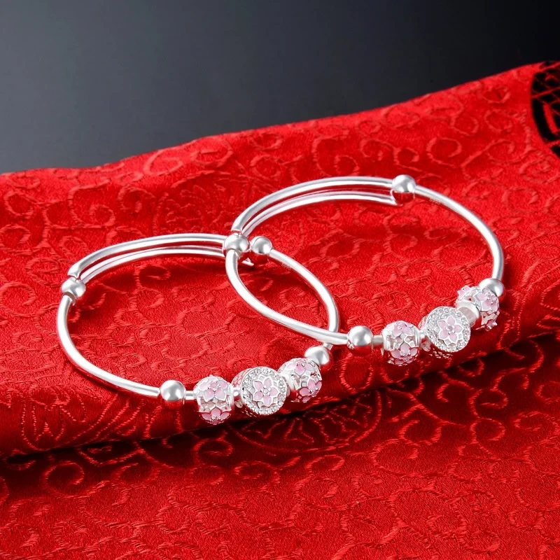 2pcs Set Jewelry S990 Pure Silver Bracelet Baby Newborn Children's Gift Silver Bangle 1