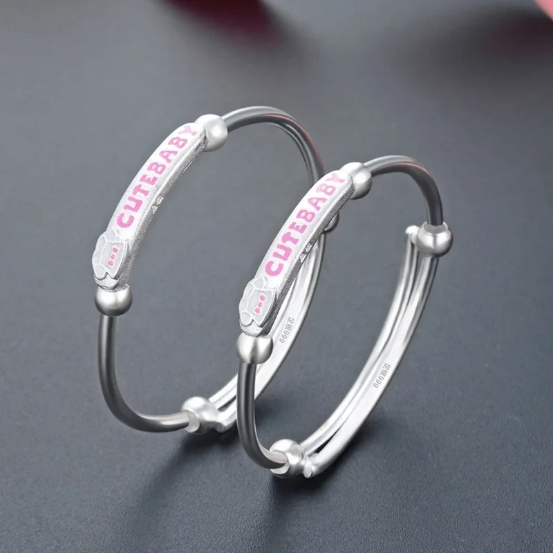 2pcs Set Cute Baby Pure Silver Bracelet S999 Sterling Silver Jewelry Cartoon Baby Bracelets Bangles 1