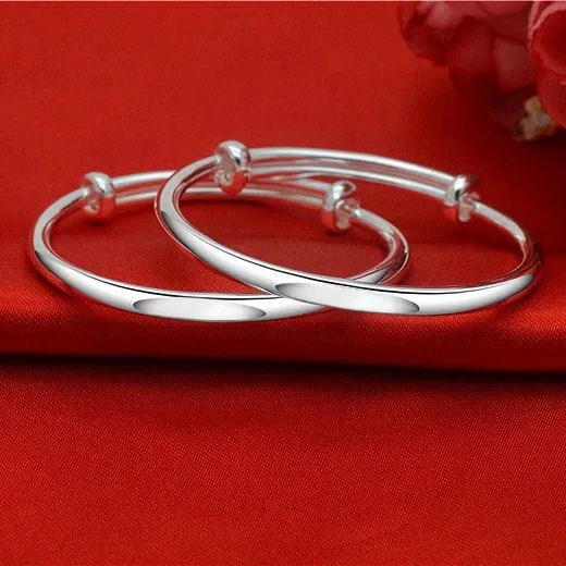 Full Silver 999.9 Smooth Face Bracelet Simple Children's Stick Bracelet Simple Adjustable Bracelets For Baby Gift 1