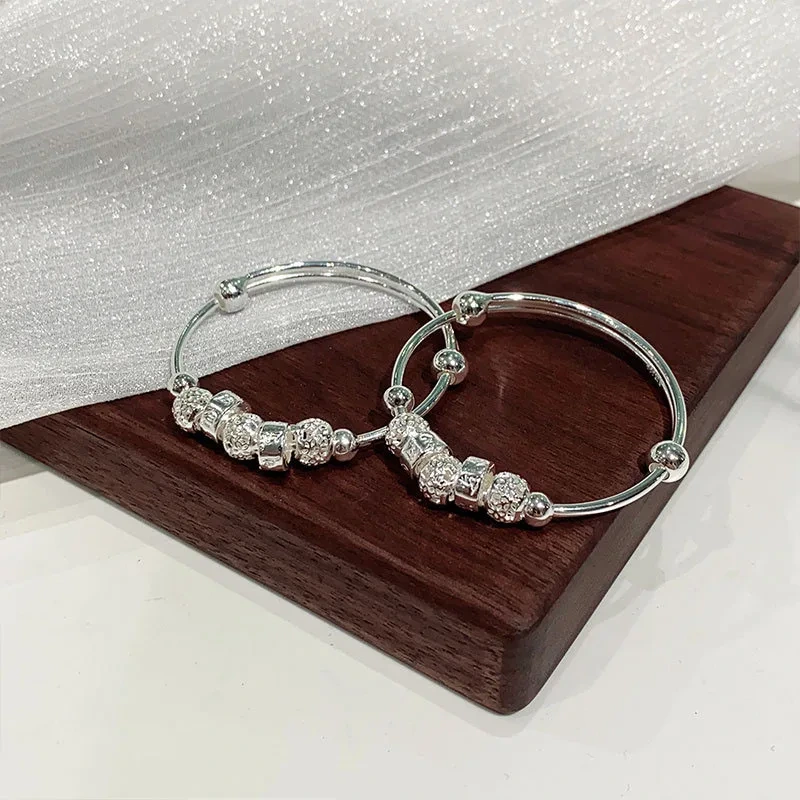 Children's Sterling Silver Bracelet 999 Pure Silver Baby's Birthday Gift Six Words Of Truth Beaded Silver Bracelet 1