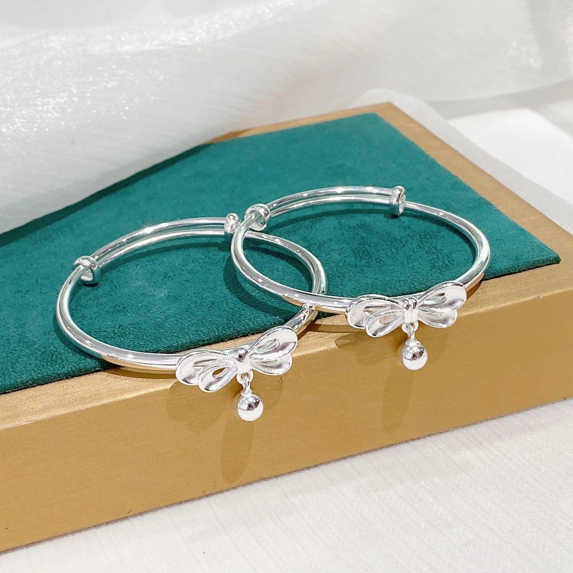S999 Bow Bell Children's Bracelet Push And Pull Sterling Silver Bracelet Baby Children's Silver Bracelet 1