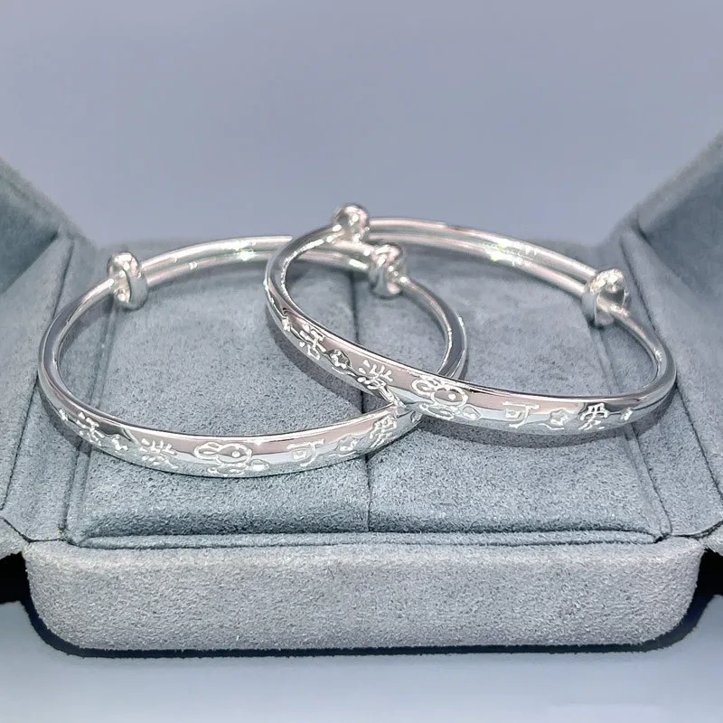 Adjustable S999 Sterling Silver Baby Bracelet 2pcs Of Children's Bangle One Pair Birthday Gift Pure Silver Jewelry 1