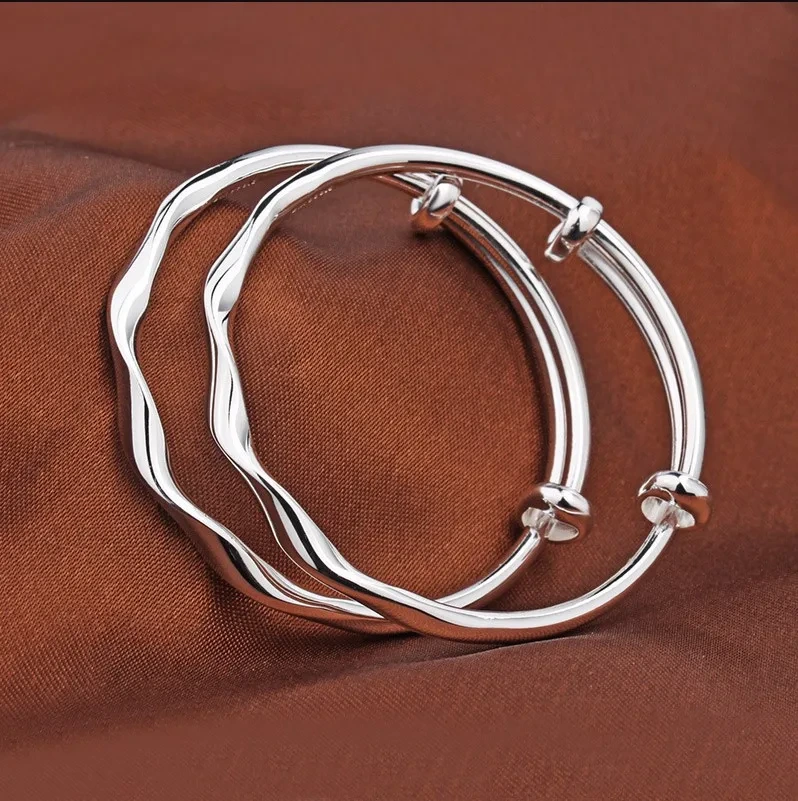2pcs Adjustable Sterling Silver Baby Bracelet Mobius Ring Push-pull Children's Baby Birthday Gift Pure Silver Bracelet 1