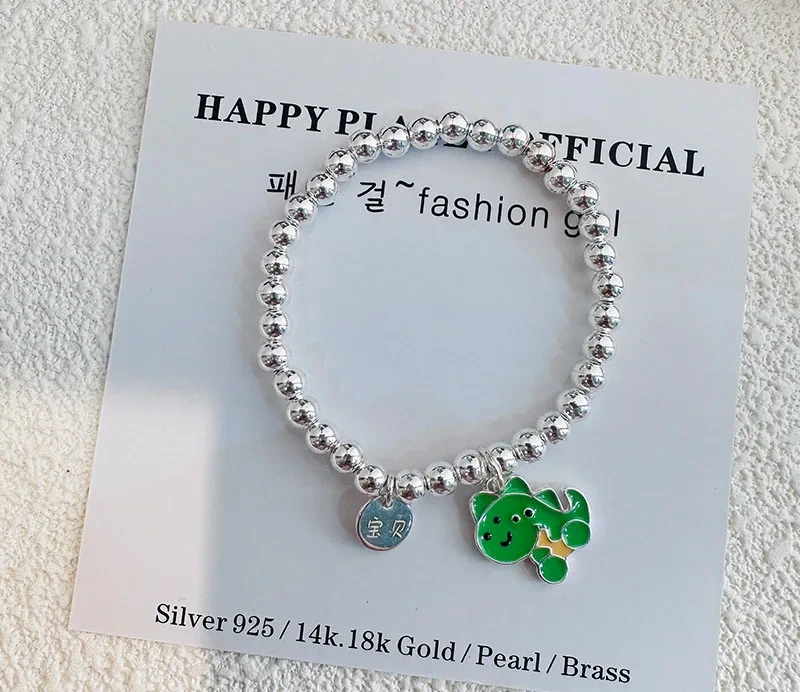 Fashion S925 Sterling Silver Little Dinosaur Beaded Baby Bracelet With Bell Girls Cute Cartoon Kid Bracelet 1