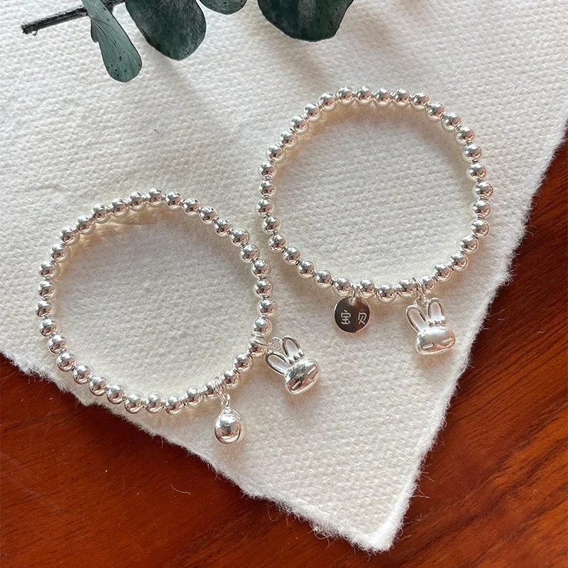 Fashion Children's Silver Beaded Bracelet Cute Rabbit Bell S925 Silver Baby Bracelet Jewelry 1