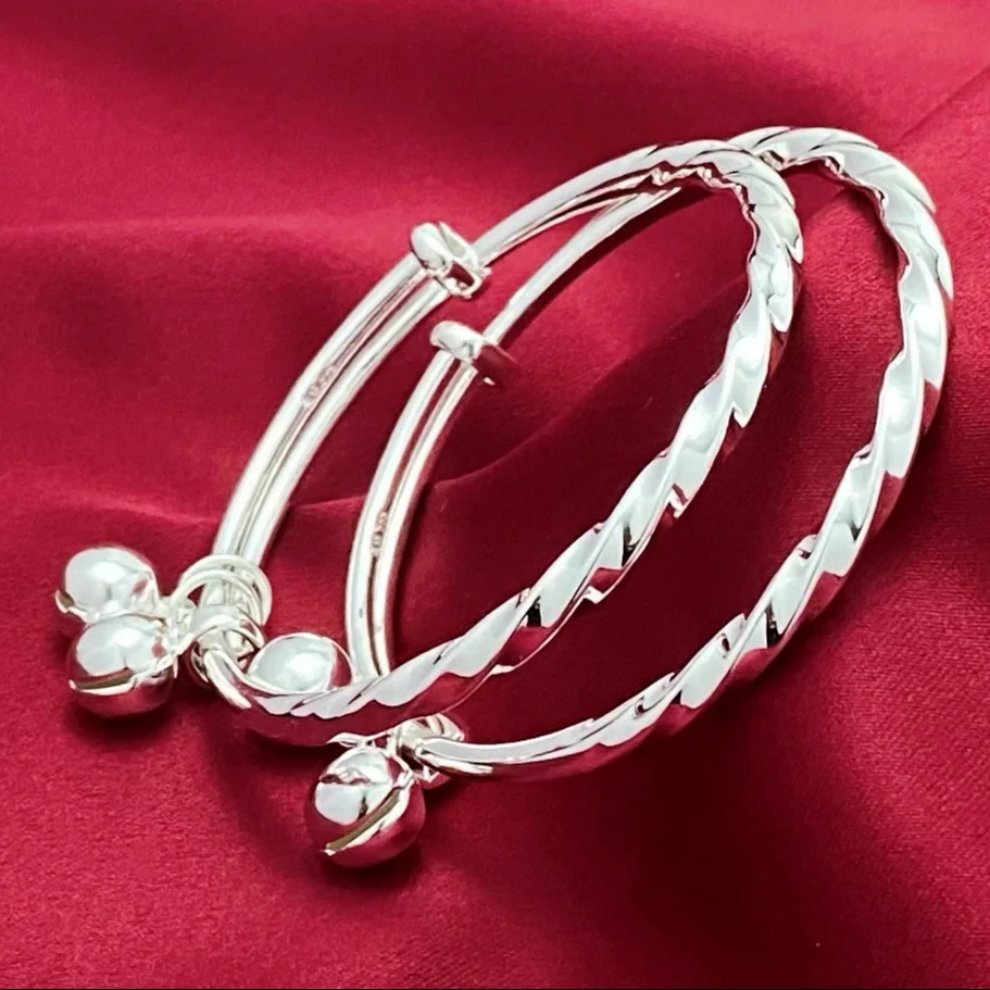 Sterling Silver Baby Bracelet Adjustable Pure Silver 999 Children's Twist Bell Bracelets 1