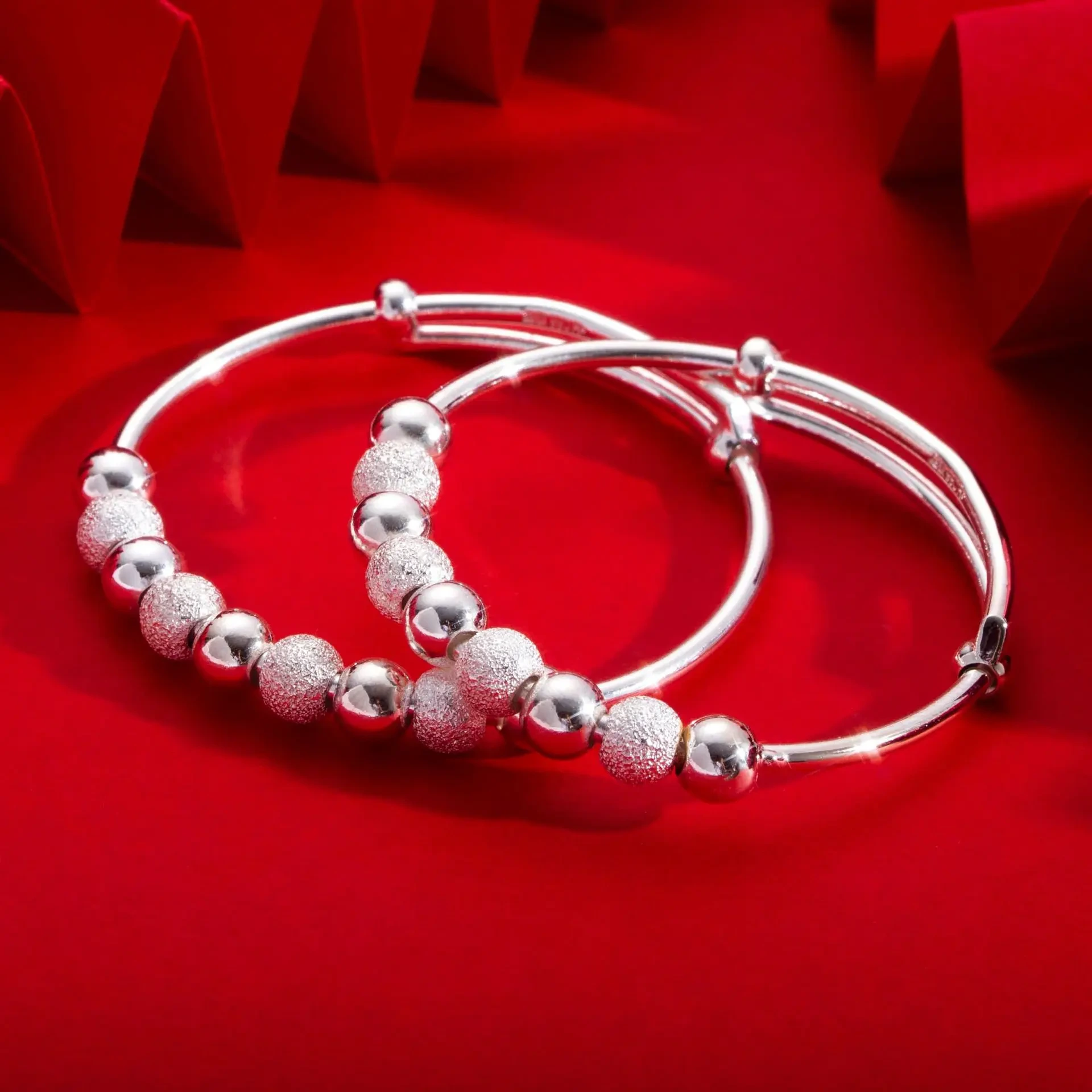 Sterling Silver Children's Bracelet Transfer Bead Frosted Push-pull Adjustable Silver 999 Baby Bracelet 1