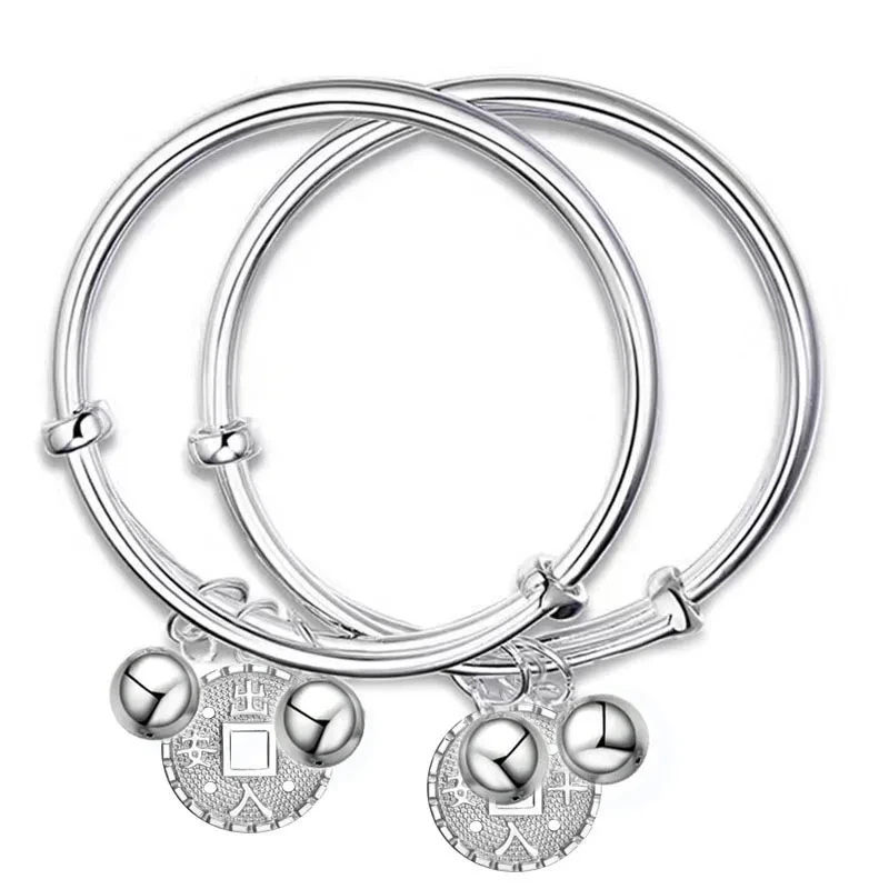 Push And Pull Smooth Silver Bracelet Full Silver 999 Children Bracelet Adjustable Anklet Bell Baby Bracelet 1