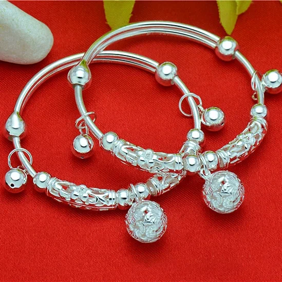 Wholesale Jewelry Pure Silver 990 Children's Bell Bracelet Adjustable Hollow Sterling Silver Baby Bracelet 1