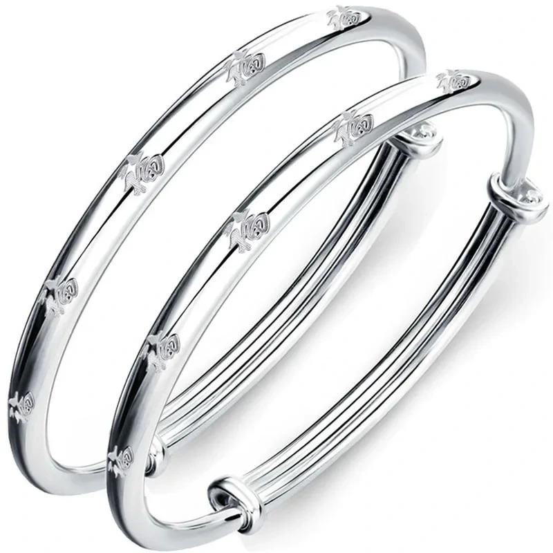 Pure Silver 999.9 Classic Wufu Bracelet Children's Bracelet Adjustable Sterling Silver Children's Smooth Bracelet 1