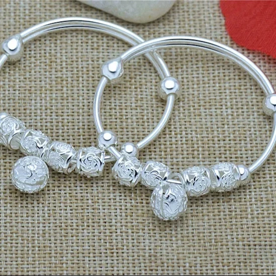 990 Pure Silver Children's Adjustable Bracelet Handcrafted Silver Hollowed Flower Bell Baby Bracelet Jewelry 1