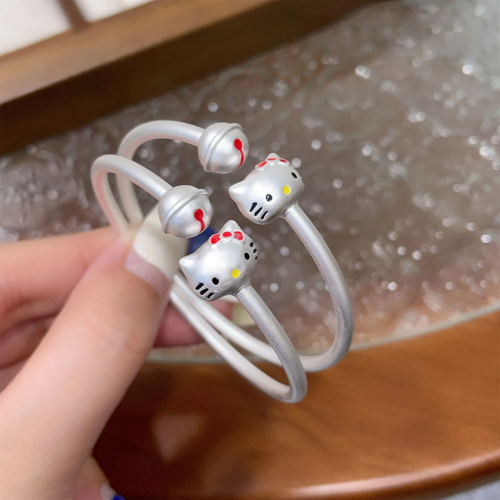 かわいいシルバー 999 ベビーブレスレットロボット猫弓ベル満月ガールボーイギフト調節可能な子供ブレスレット 1