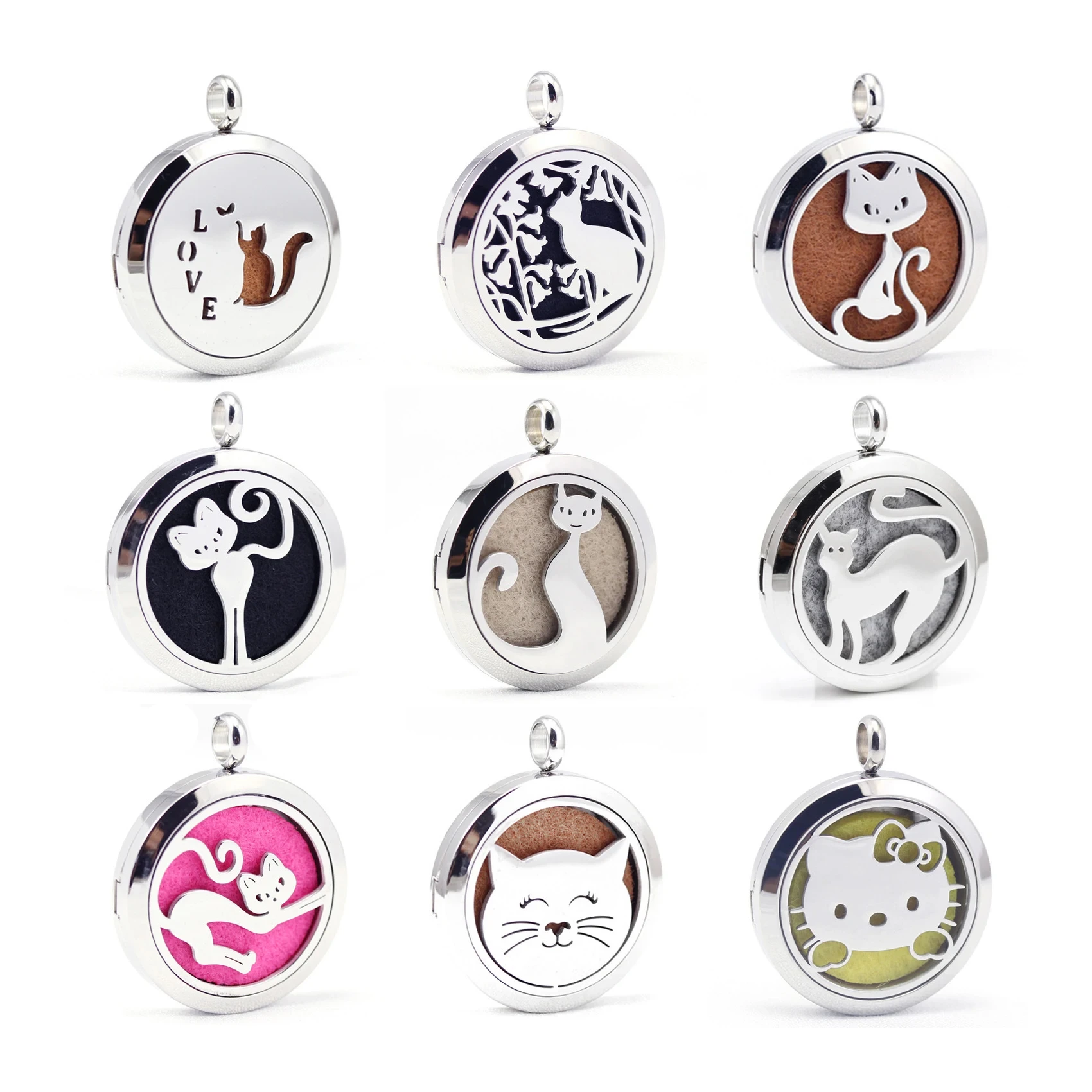 30mm Magnet Open Stainless Steel Aromatherapy Jewelry Necklace Cat Love Hollow Aroma Necklace Pendant Diffusing Necklaces 1