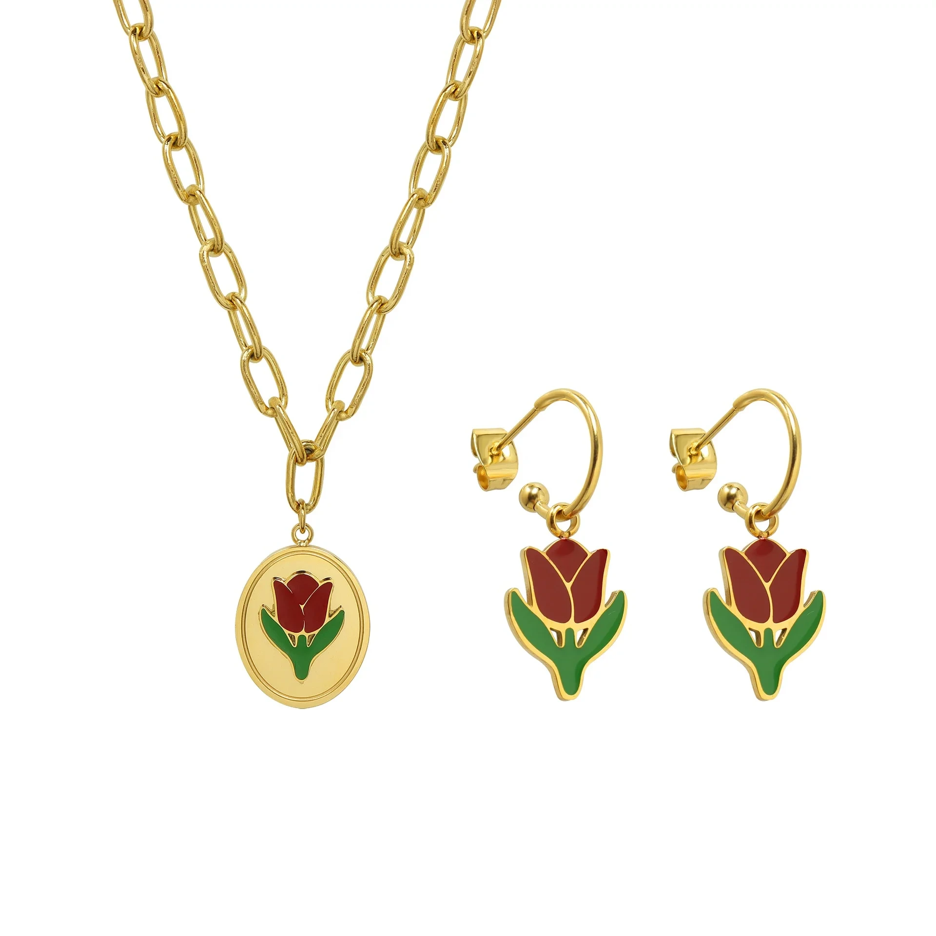 Moda verão 18k banhado a ouro tulipas colar e brincos conjunto de joias inoxidáveis ​​para festa 1