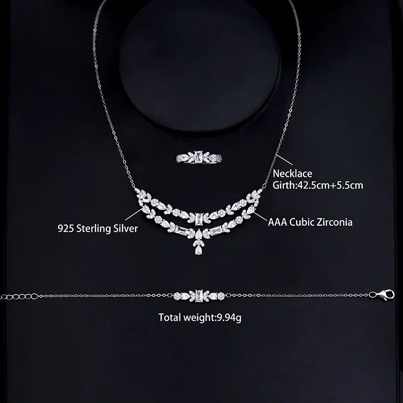 925 Sterling Silver Middle East Dubai Zircon Bridal Jewelry Set Necklace Bracelet Earrings 1