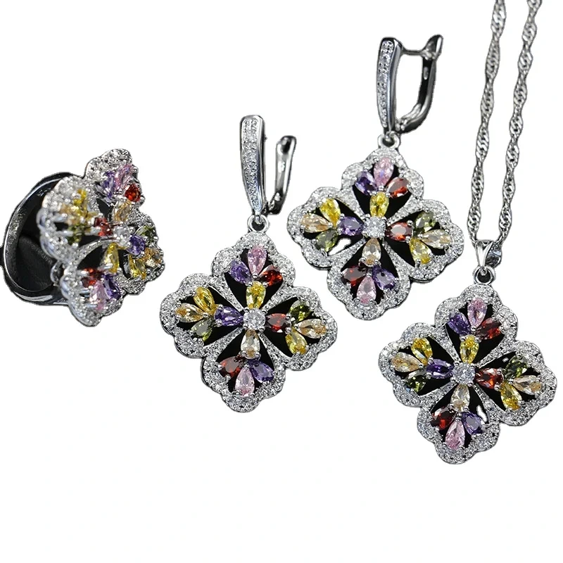 Fashion 3pcs Diamond Bridal Four Leaf Clover Jewelry Sets Jewelry Cubic Zirconia Jewelry Set 1