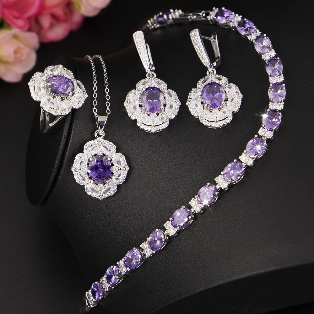 Fashion Jewelry Sets Platinum Plated Amethyst Zircon Necklace Earrings Ring Set Jewelry 1