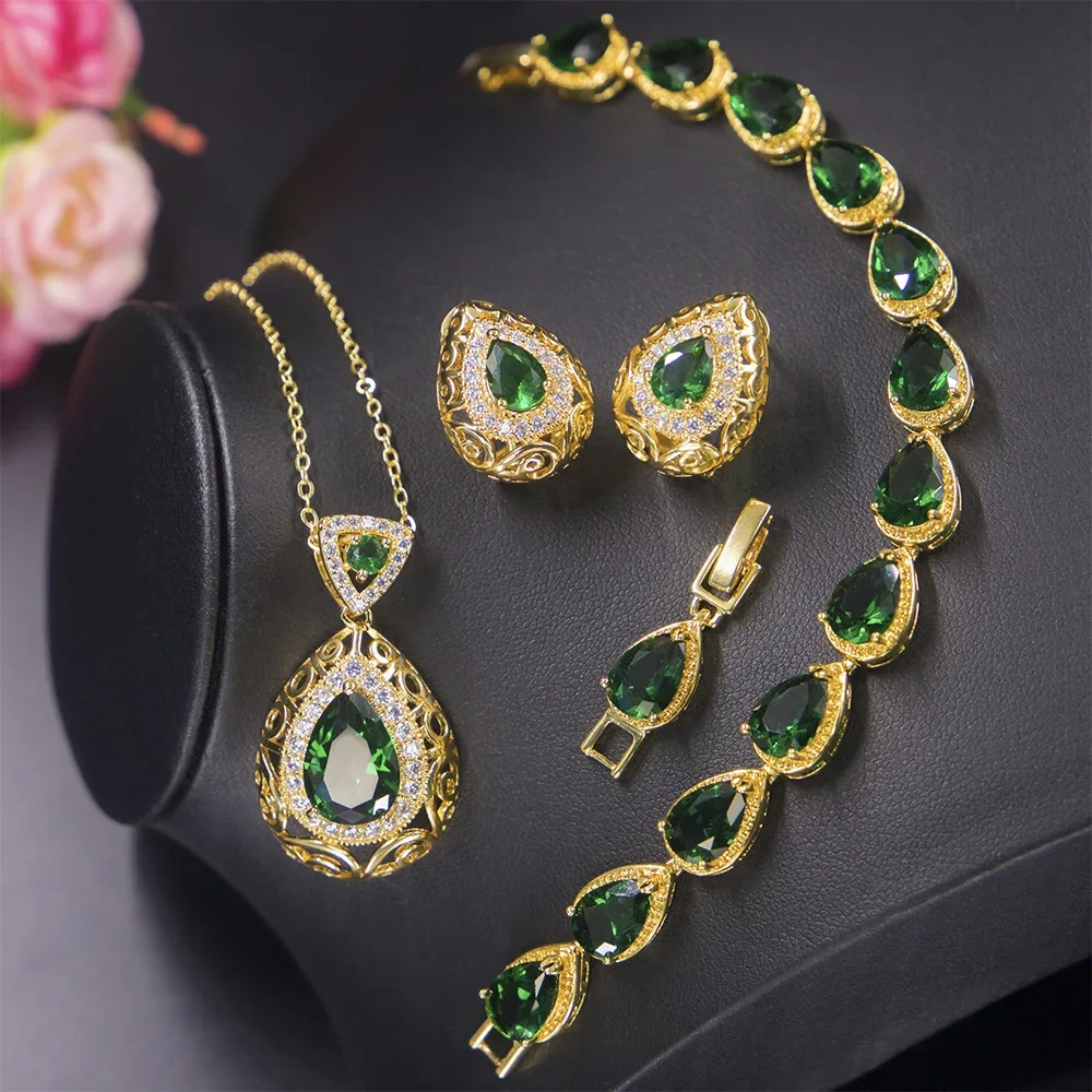Women Jewelry Sets Green Crystal Drop Necklace Earring Wedding Bridal Jewelry Set 1