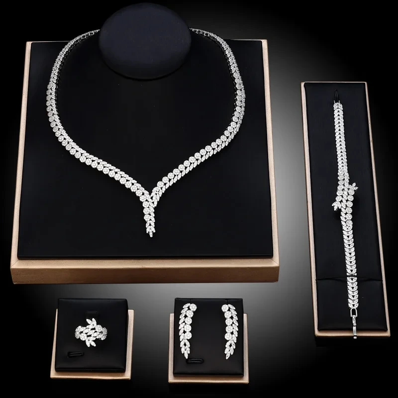 Bride Wedding Banquet Cristal Jewelry Sets Necklace Bracelet Earring Ring None Fade Jewelry Set 2021 1