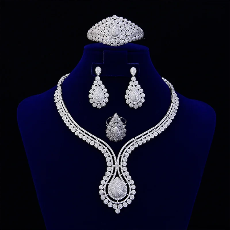 New Water Drop Zircon Bride Wedding Set Jewelry Necklace Earrings Ring Bracelet Jewelry Set Women Gift 1