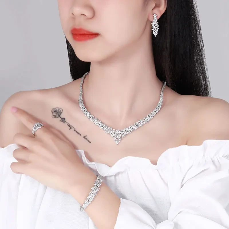 In Stock Wholesale Popular Bride Copper Zircon Set Necklace Earrings Wedding Party Women Gift 1