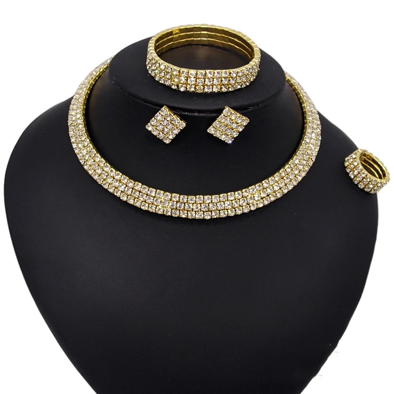 Fashion Gold Plated Jewelry Set Diamond-set Zircon Alloy Necklace Earrings Bracelet Ring Women Jewelry Sets 1